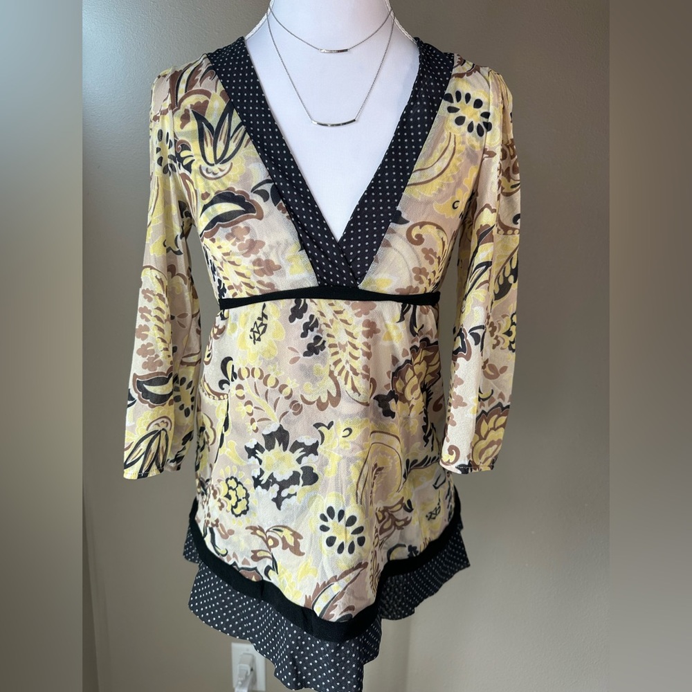 Sweet Pea by Stacy Frati Floral Mesh Tunic‎ Top – Sheer Boho V-Neck XS